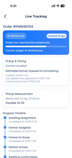 Order tracking screen